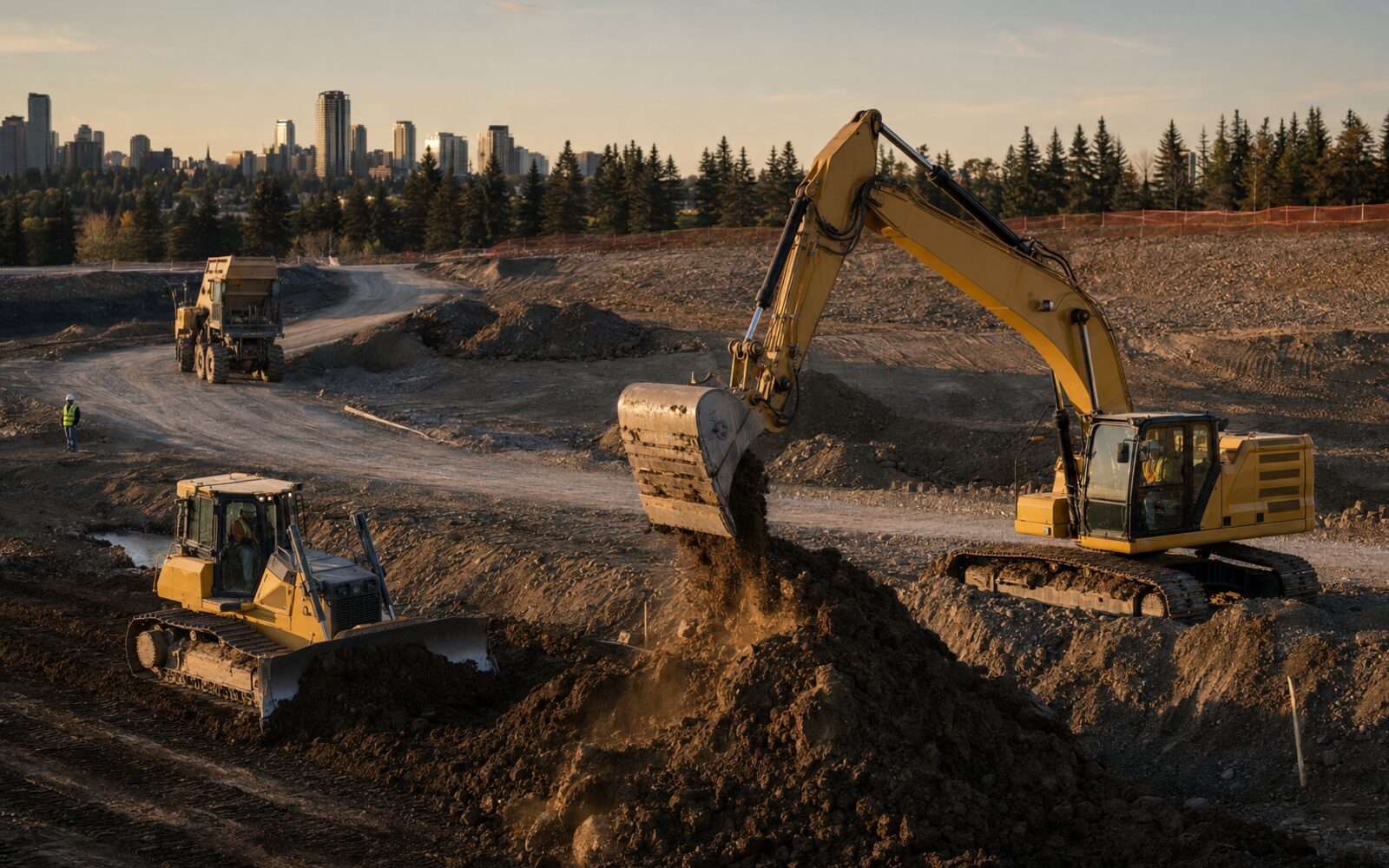 Construction equipment working on a Canadian commercial site
